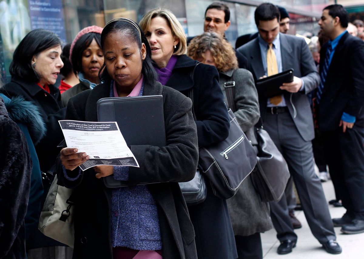 People wait in line to enter the UJA-Federation of New York's Connect to Care job fair in New York, in this file image from March 2, 2010. The number of people working in the United States likely fell in February as winter storms that pounded parts of the country kept some workers at home but a swift recovery is expected in March. A government report on March 6, 2010 is forecast to show payrolls dropped 50,000 after slipping 20,000 in January, according to a Reuters poll of economists. Picture taken March 2, 2010. REUTERS/Shannon Stapleton/Files (UNITED STATES - Tags: EMPLOYMENT BUSINESS) (Reuters)