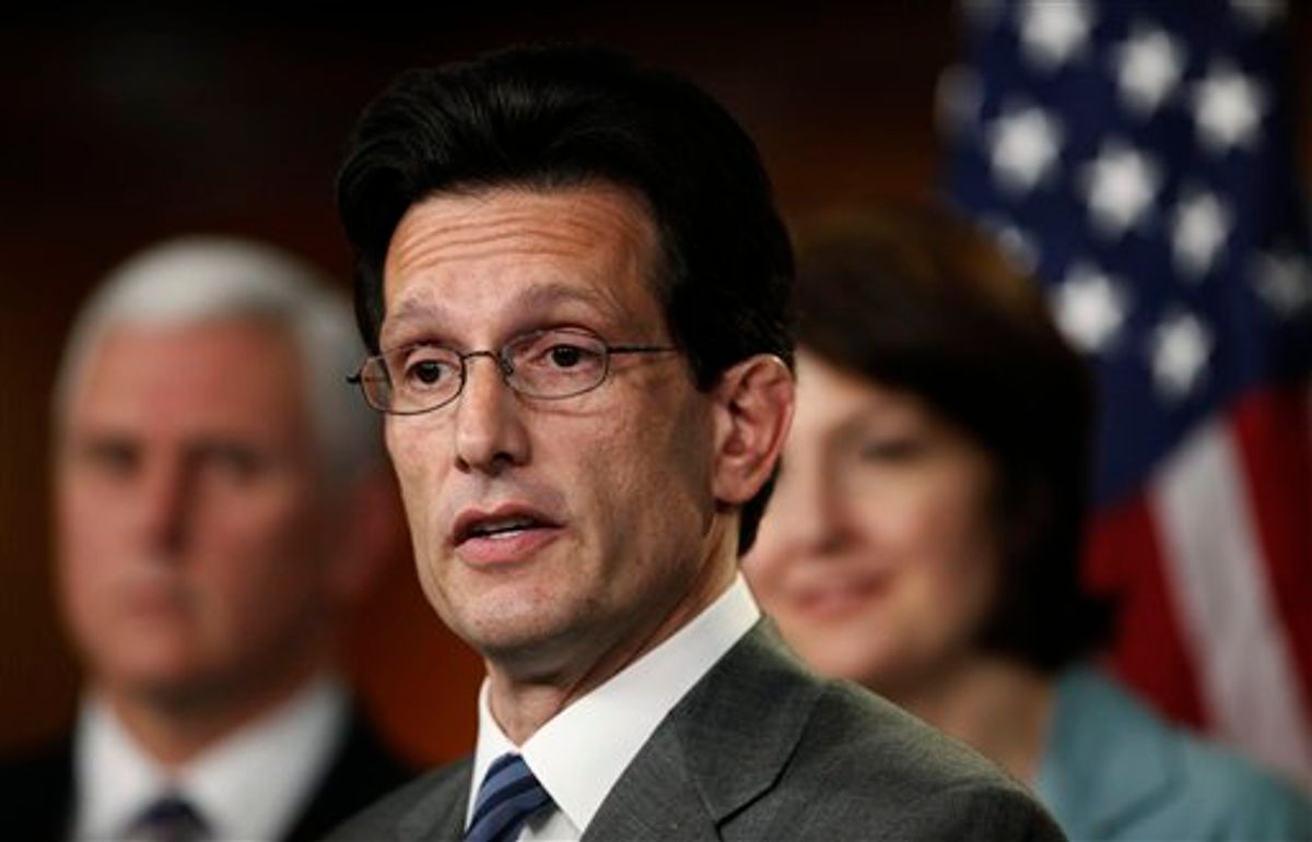 House Minority Whip Eric Cantor of Va., center, accompanied by Rep. Mike Pence, R-Ind., left, and Rep. Cathy McMorris Rodgers, R-Wash., right, speaks during a health care news conference on Capitol Hill in Washington, Wednesday, Jan. 13, 2010.   (AP Photo/Manuel Balce Ceneta)        (AP)