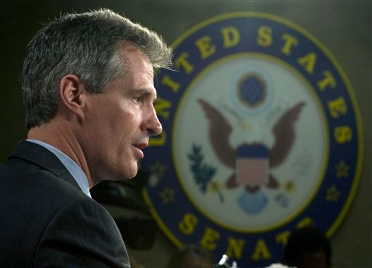 Senator Scott Brown, R-Mass. speaks with reporters on Capitol Hill in Washington, Thursday, Feb. 4, 2010, following his swearing in. (AP Photo/Cliff Owen) (AP)