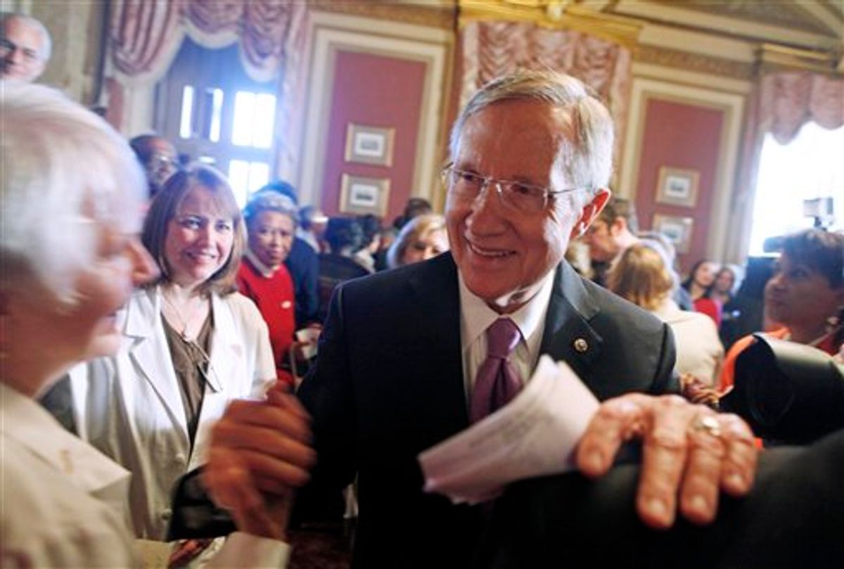 Senate Majority Leader Harry Reid of Nev. greets guests on Capitol Hill in Washington, Wednesday, March 24, 2010, following a  health care reform news conference. (AP Photo/Haraz N. Ghanbari) (AP)