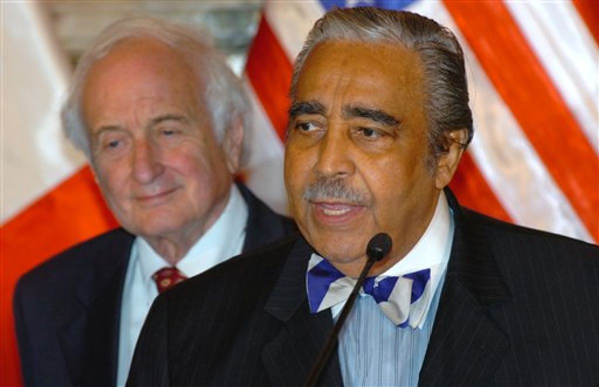 FILE - In this Aug. 6, 2007 file photo, Rep. Sander Levin, D-Mich., left, listens as Rep. Charles Rangel, D-N.Y. , speaks  in Lima, Peru. Levin will take over as acting chairman of the House Ways and Means Committee replacing Rangel. (AP Photo/Karel Navarro, File) (AP)