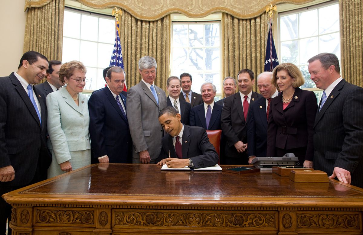 President Barack Obama signs an Executive Order that reaffirms the Patient Protection and Affordable Care Act's conssistency with longstanding restrictions on the use of federal funds for abortion, in the Oval Office, March 24, 2010. (Official White House Photo by Pete Souza)

This official White House photograph is being made available only for publication by news organizations and/or for personal use printing by the subject(s) of the photograph. The photograph may not be manipulated in any way and may not be used in commercial or political materials, advertisements, emails, products, promotions that in any way suggests approval or endorsement of the President, the First Family, or the White House. (Official White House Photo)