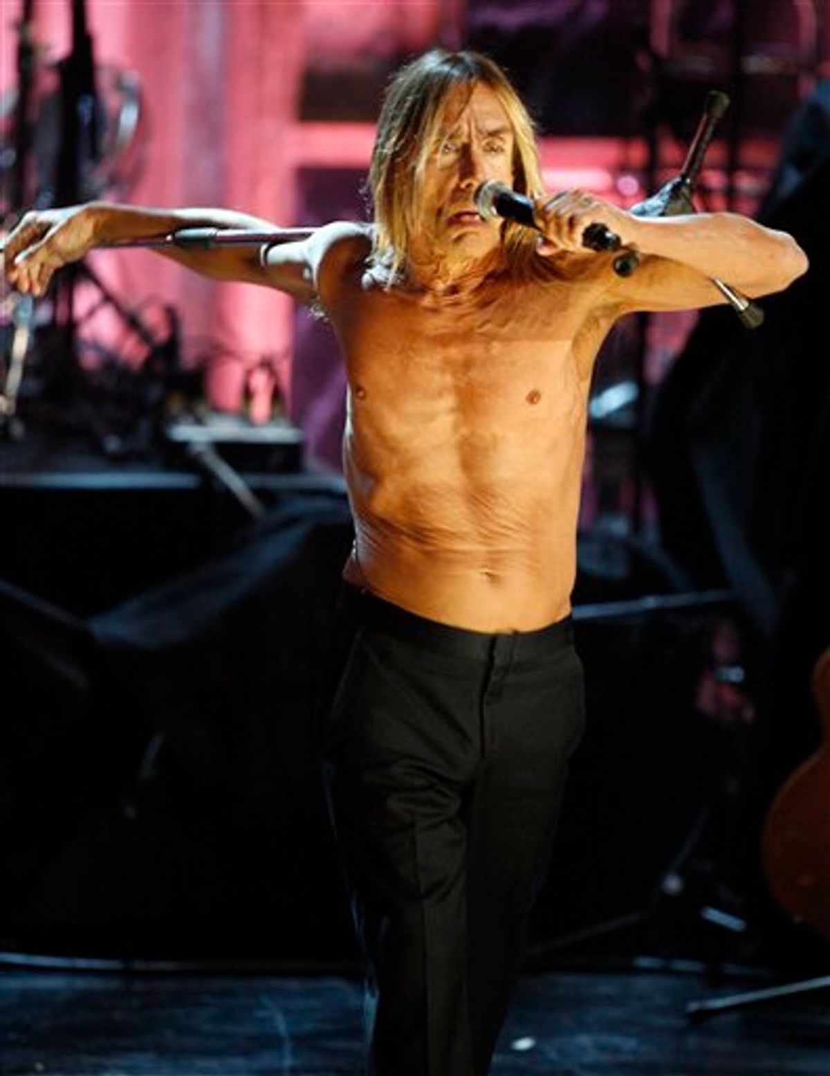 Iggy Pop performs during the Rock and Roll Hall of Fame induction ceremony in New York, Monday, March 15, 2010.  (AP Photo/Jason DeCrow) (AP)