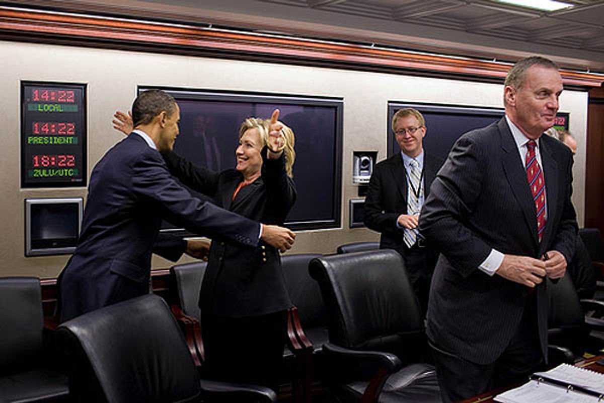 Secretary of State Hillary Rodham Clinton congratulates President Barack Obama on the House vote to pass health care reform, prior to a meeting in the Situation Room of the White House, March 22, 2010.Â  (Official White House Photo by Pete Souza)

This official White House photograph is being made available only for publication by news organizations and/or for personal use printing by the subject(s) of the photograph. The photograph may not be manipulated in any way and may not be used in commercial or political materials, advertisements, emails, products, promotions that in any way suggests approval or endorsement of the President, the First Family, or the White House. (Pete Souza)