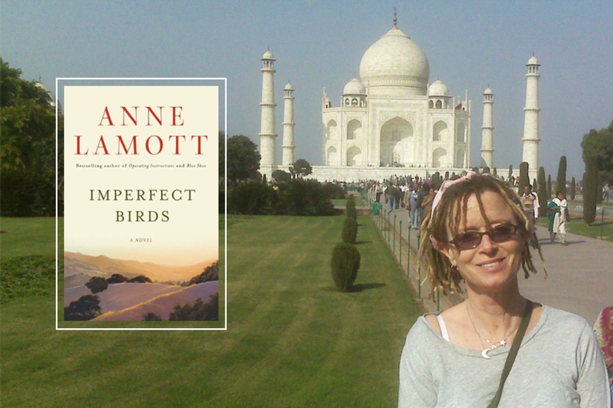 Anne Lamott poses outside the Taj Mahal. Inset: Her new novel, "Imperfect Birds"      