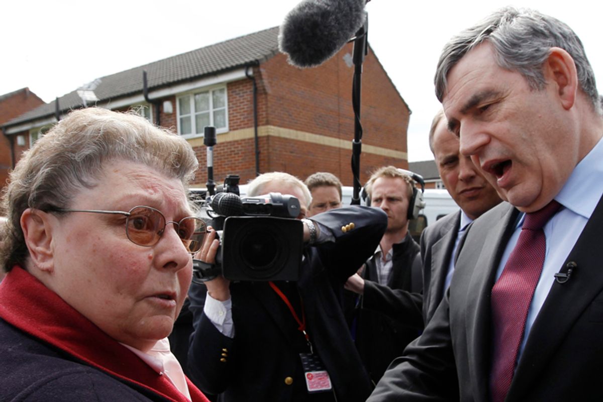 Britain's Prime Minister Gordon Brown speaks with resident Gillian Duffy (L) during a campaign stop in Rochdale, northwest England April 28, 2010. Brown was caught on tape describing Duffy as "bigoted" after she confronted him on the economy during a walkabout in Northern England on Wednesday.   REUTERS/Suzanne Plunkett (BRITAIN - Tags: ELECTIONS POLITICS) (Â© Suzanne Plunkett / Reuters)