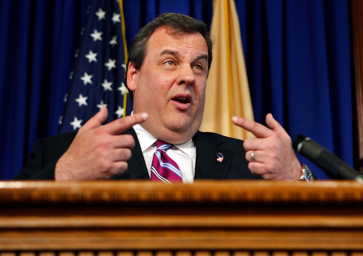New Jersey Gov. Chris Christie gestures while giving his reaction Wednesday, April 21, 2010, in Trenton, N.J., to Tuesday's school board elections. Christie said school budget results in New Jersey show the public is ready to take on taxes. In local elections across the state Tuesday, voters rejected 59 percent of school budget proposals. (AP Photo/Mel Evans) (Mel Evans)