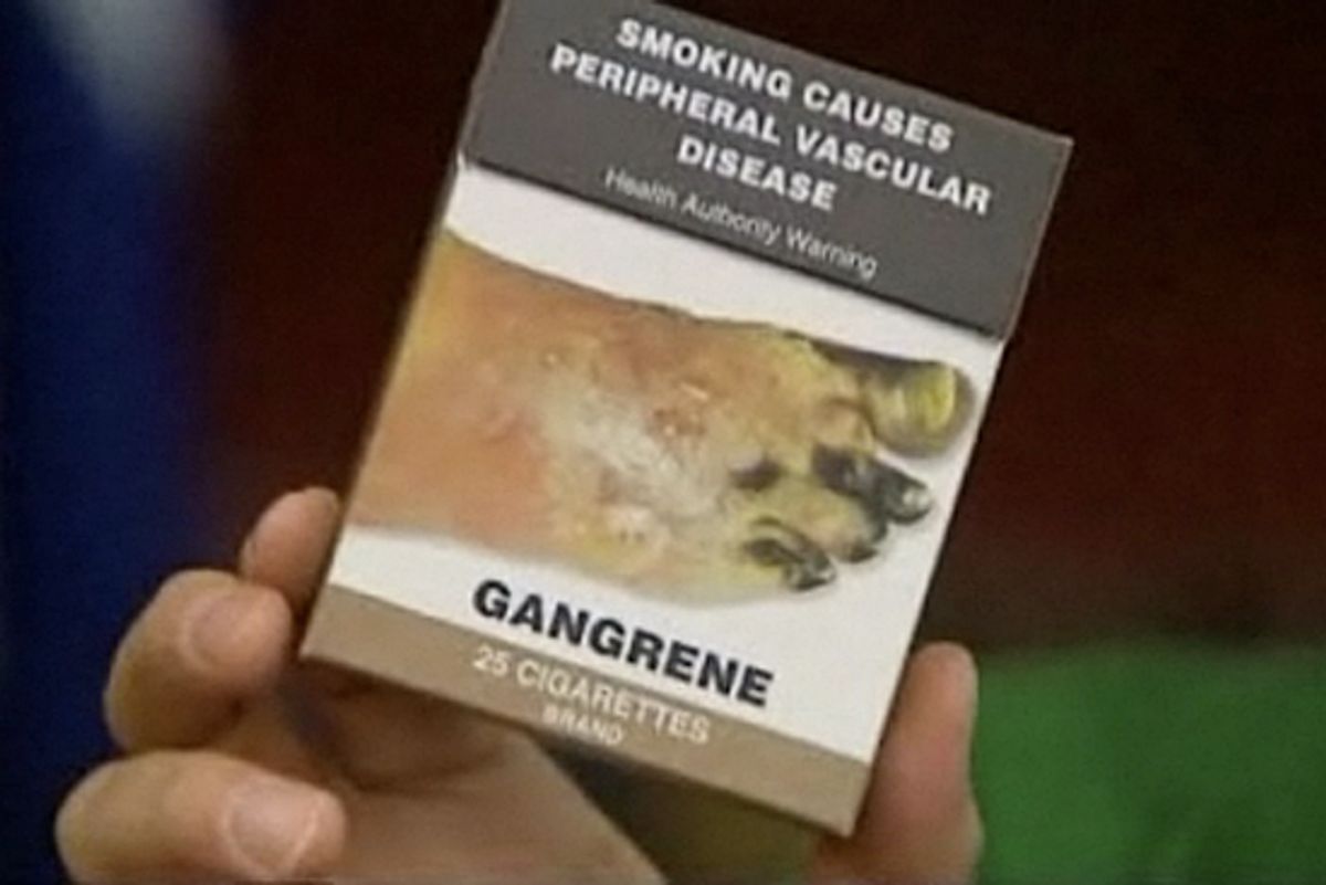 A package of cigarettes in Australia contain a graphic anti-smoking warning.