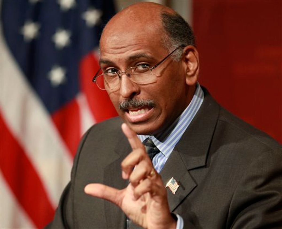 FILE - In this Feb. 3, 2010 file photo Republican National Committee Chairman Michael Steele speaks at the John F. Kennedy School of Government on the campus of Harvard University, in Cambridge, Mass.  A federal court Friday denied a Republican Party bid to raise soft money, the unlimited donations from corporations and individuals banned by a 2002 campaign finance law. In a separate ruling, judges said a conservative group can raise unlimited sums for independent election ads but must regularly disclose its donors. (AP Photo/Steven Senne, File) (AP)