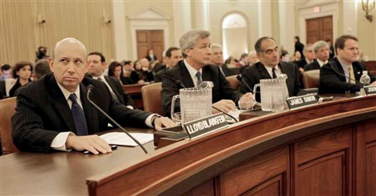 From left, Goldman Sachs Group, Inc. Chairman and Chief Executive Officer Lloyd Blankfein;  JPMorgan Chase & Company Chairman and Chief Executive Officer James Dimon;  Morgan Stanley Chairman John Mack, and Bank of America Corporation Chief Executive Officer and President  Brian Moynihan, testify on Capitol Hill in Washington, Wednesday, Jan. 13, 2010, before the Financial Crisis Inquiry Commission, (AP Photo/Pablo Martinez Monsivais)            (AP)
