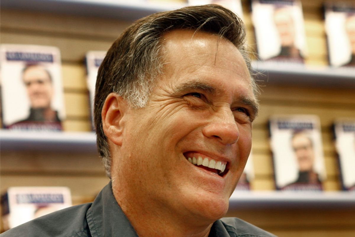 Mitt Romney smiles at a book signing in Manchester, N.H, on April 7, 2010. 