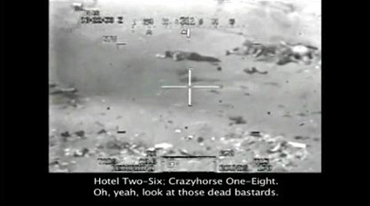 Previously classified footage of a July 2007 attack by U.S. Apache helicopters that killed a Reuters journalist and several other non-insurgents, published on WikiLeaks.