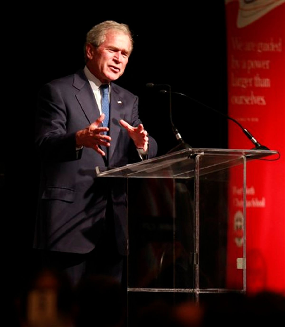 Former President George W. Bush speaks at the Fort Worth Christian Schools Gala held at the Omni Hotel, Saturday, Feb. 27, 2010 in Fort Worth, Texas.  The gala was held to celebrate the schools success and to honor President Bush's services as the 43rd president of the United States and as the 46th governor of Texas. (AP Photo/Jeffery Washington) (AP)