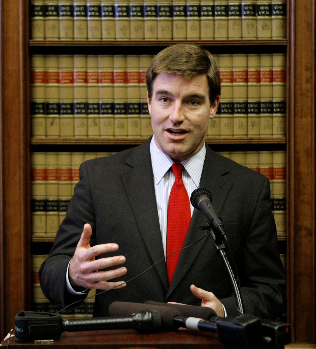 Attorney General and Democratic U.S. Senate candidate Jack Conway speaks during a news conference at his office in Frankfort, Ky., Thursday, April 1, 2010. Conway defended his decision to not join other states in filing a lawsuit to stop health care reforms from taking effect.
  (AP Photo/Ed Reinke) (Ed Reinke)