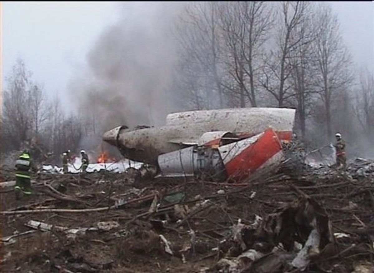 This image from Polish Television's TVP via APTN shows a firefighter walking near some of the wreckage at the crash site where Polish President Lech Kaczynski, his wife and some of the country's most prominent military and civilian leaders died Saturday April 10, 2010 along with dozens of others when the presidential plane crashed as it came in for a landing in thick fog in near Smolensk in western Russia. (AP Photo/TVP via APTN) (AP)