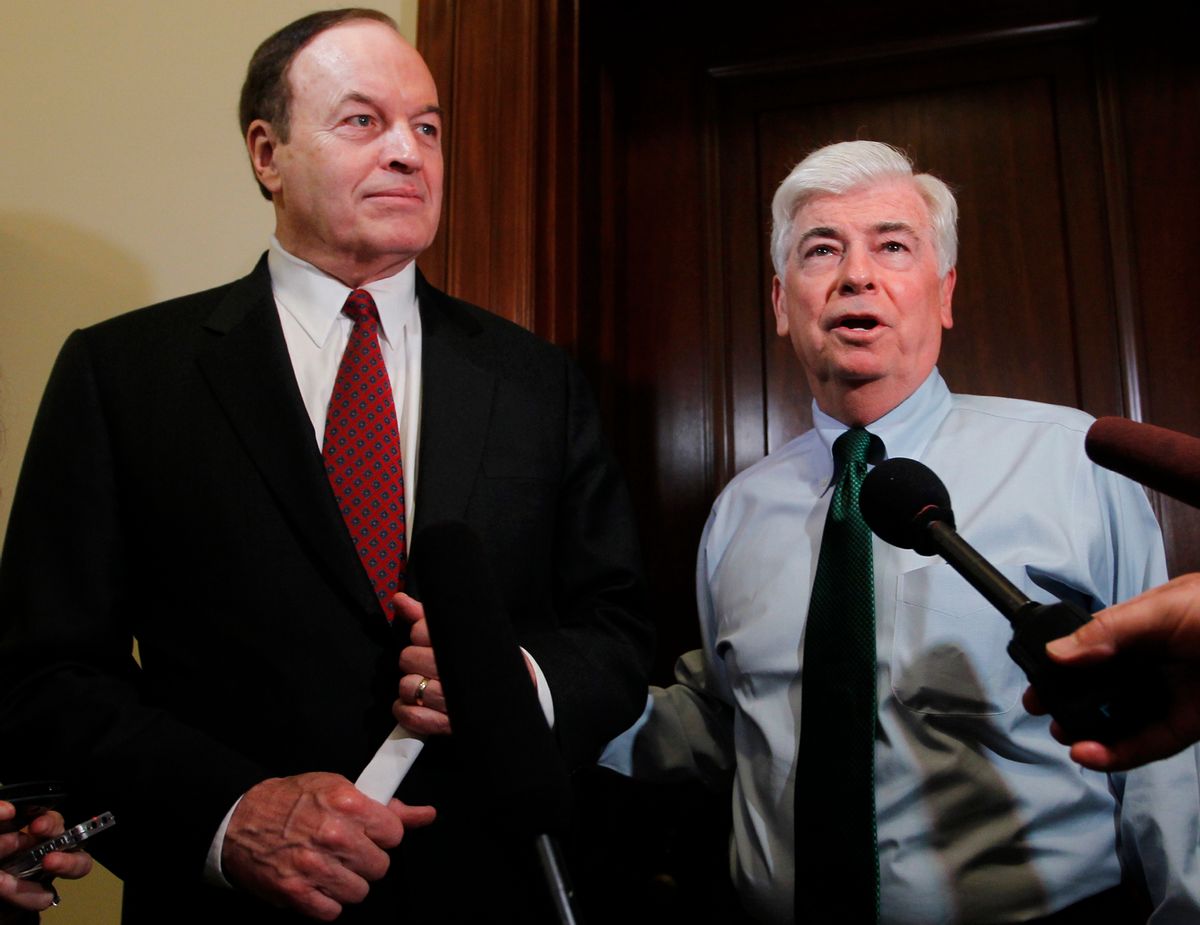 Senate Banking Committee Chairman Christopher Dodd, D-Conn., right, and the committee's ranking Republican Sen. Richard Shelby, R-Ala., emerge from a meeting on Capitol Hill in Washington, Monday, April 26, 2010, ahead of a crucial test vote for the financial reform bill. (AP Photo/Charles Dharapak) (Associated Press)