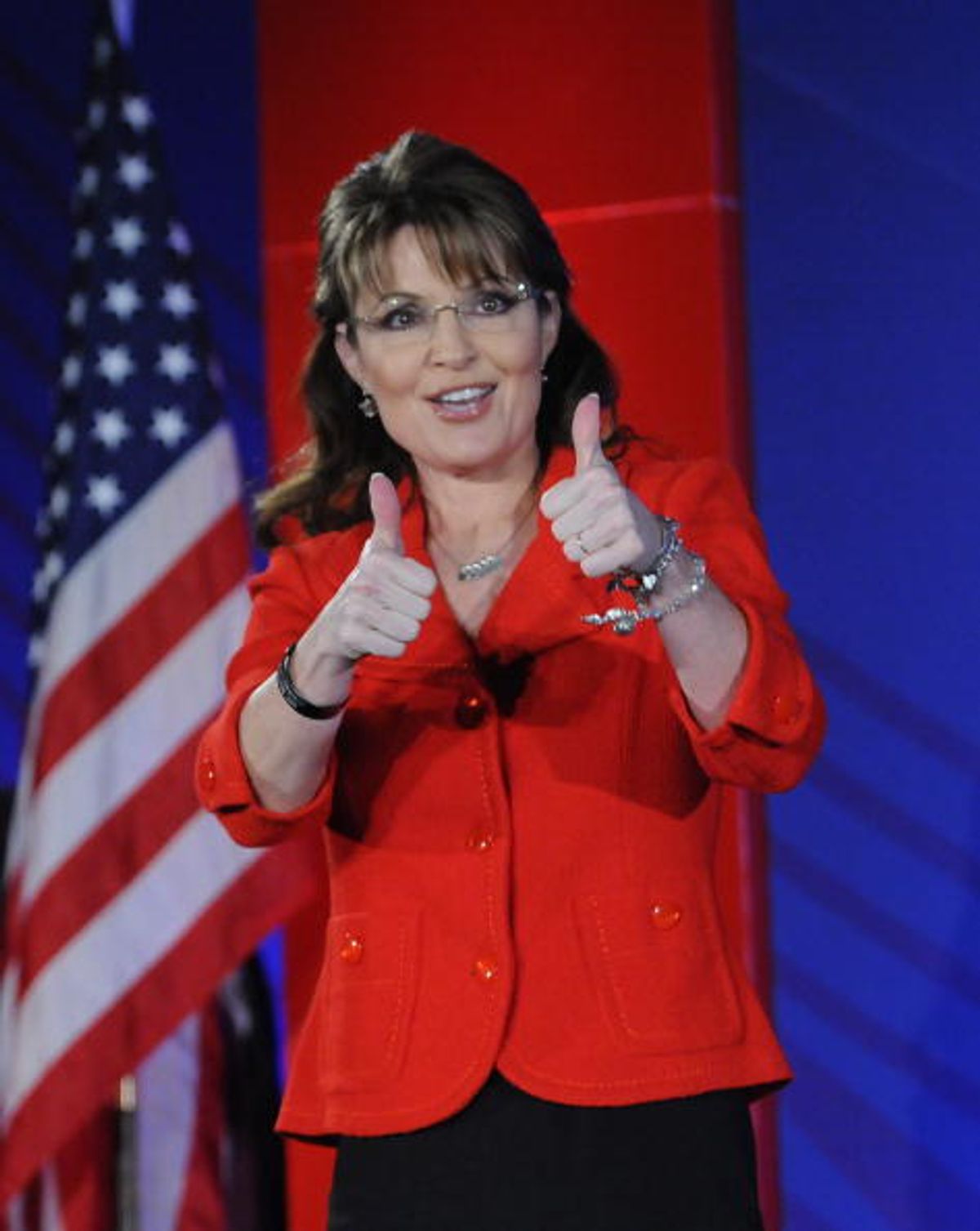 NEW ORLEANS, LA - APRIL 9:  (ALTERNATE CROP) Former Alaska Governor Sarah Palin gives two thumbs up to the audience at the Southern Republican Leadership Conference, April 9, 2010 in New Orleans, Louisiana. Many of the Republican Party's most prominent members will be speaking at the conference which runs from April 8-11. (Photo by Cheryl Gerber/Getty Images)  (Getty Images)