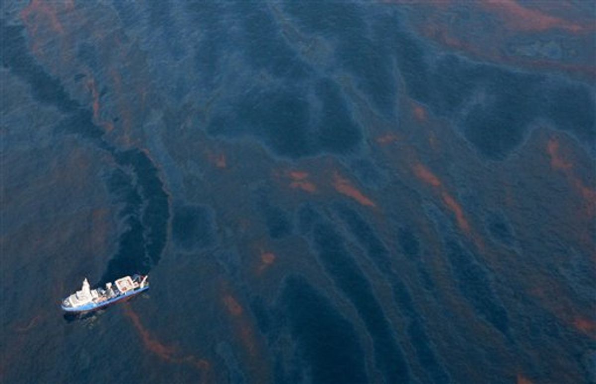 This April 28, 2010 photo released by Greenpeace, shows an aerial view of the Gulf of Mexico south of Louisiana, where oil leaking from the Deepwater Horizon wellhead continues to spread. The massive oil spill in the Gulf of Mexico is even worse than believed and as the government grows concerned that the rig's operator is ill-equipped to contain it, officials are offering a military response to try to avert a massive environmental disaster along the ecologically fragile U.S. coastline. (AP Photo/Greenpeace) NO SALES, NO ARCHIVE, FOR EDITORIAL USE ONLY, NOT FOR MARKETING OR ADVERTISING CAMPAIGNS (AP)