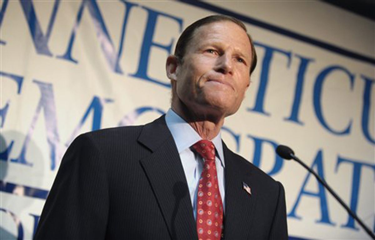 FILE - In this Jan. 6, 2010 file photo, Connecticut Attorney General Richard Blumenthal announces his candidacy for the U.S. Senate seat vacated by the retirement of fellow Democrat Christopher Dodd in Hartford, Conn. Blumenthal is defending himself against a New York Times report he misstated his military service in Vietnam. (AP Photo/Jessica Hill, File) (Jessica Hill)