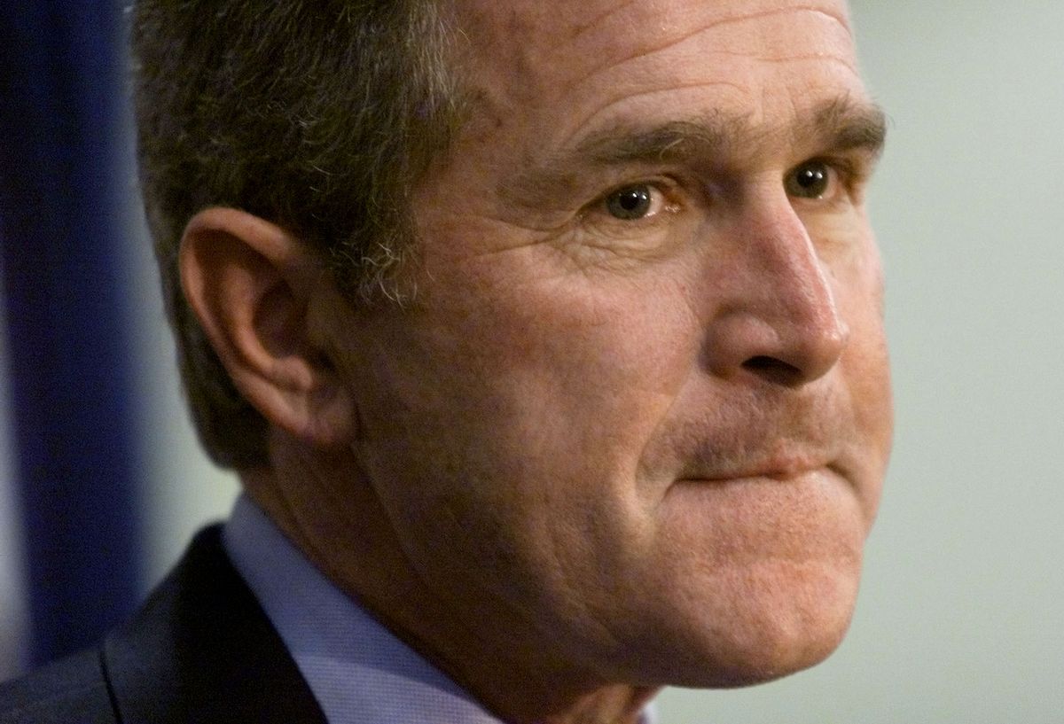 Republican presidential candidate George W. Bush listens to a reporter's question about his position on abortion January 20. Bush said he thought the 1973 Roe v. Wade Supreme Court decision on abortion was a "reach" and over stepped constitutional bounds.

RTW (Reuters)