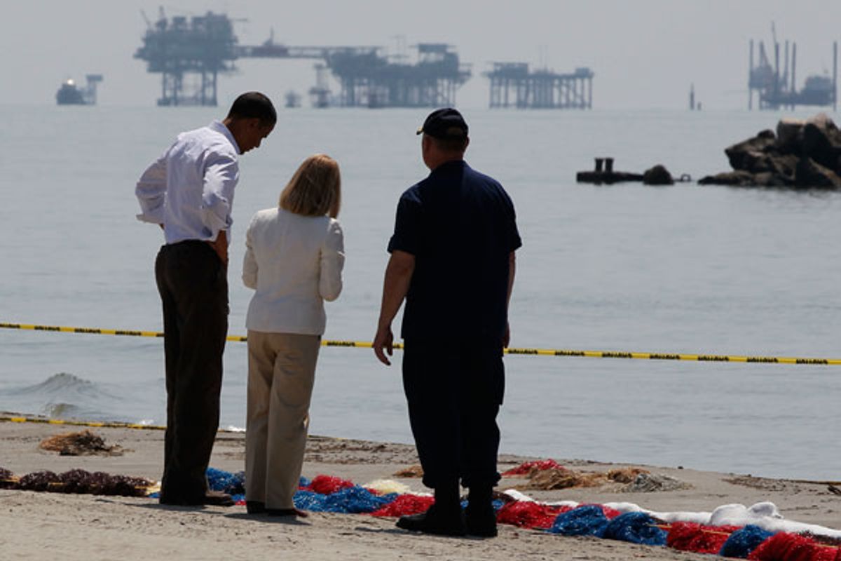 U.S. President Barack Obama, National Incident Commander U.S. Coast Guard Adm. Thad Allen and Lafourche Parish President Charlotte Randolph (C) survey damage along the Louisiana coastline at Fourchon Beach caused after a BP oil line ruptured in the Gulf of Mexico, May 28, 2010. 