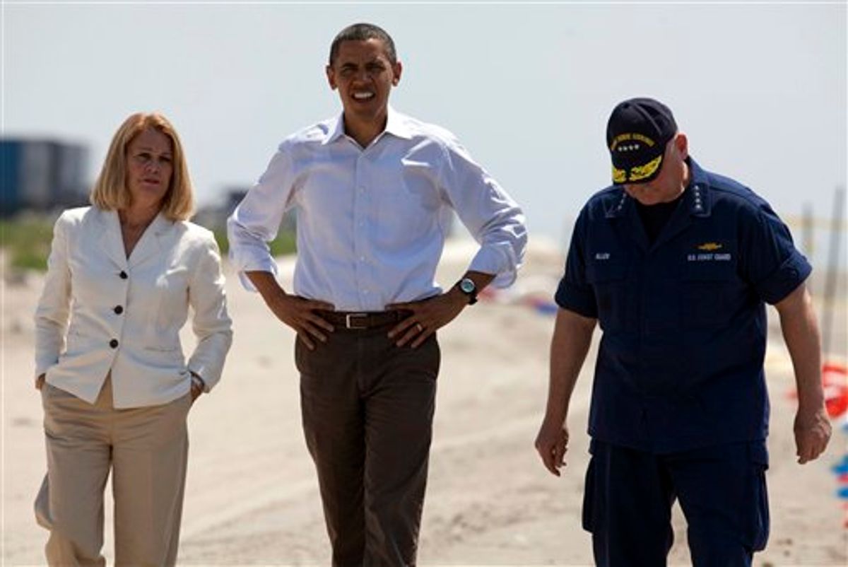 President Barack Obama, center, LaFourche Parish president Charlotte Randolph, and U.S. Coast Guard Admiral Thad Allen, National Incident Commander for the BP Deepwater Horizon oil spill, take a tour of areas impacted by the Gulf Coast oil spill on Friday, May  28, 2010 in Port Fourchon, La. (AP Photo/Evan Vucci) (AP)