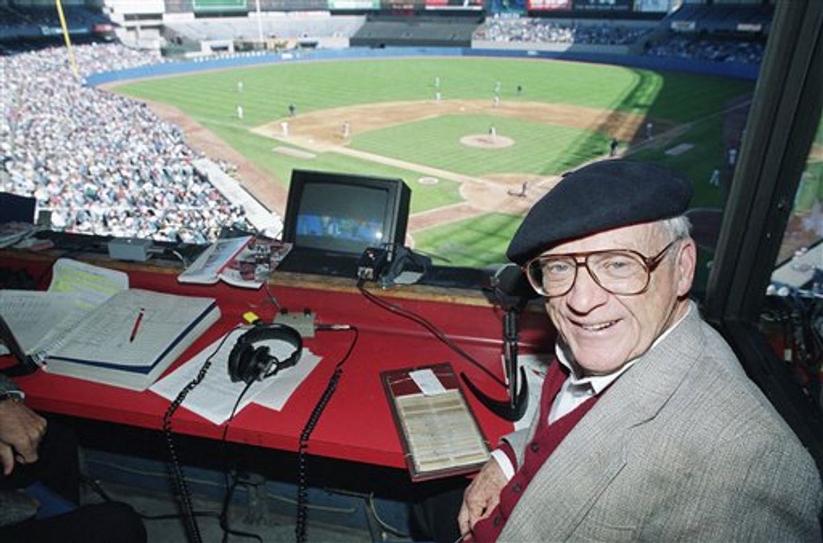 FILE - In this Oct. 3, 1993, photo, Detroit Tigers broadcaster Ernie Harwell pauses during a break in the action in the Tigers' baseball game against the New York Yankees at Yankee Stadium in New York. The Tigers say Harwell has died. He was 92. (AP Photo/Paul Hurschmann, File) (AP)