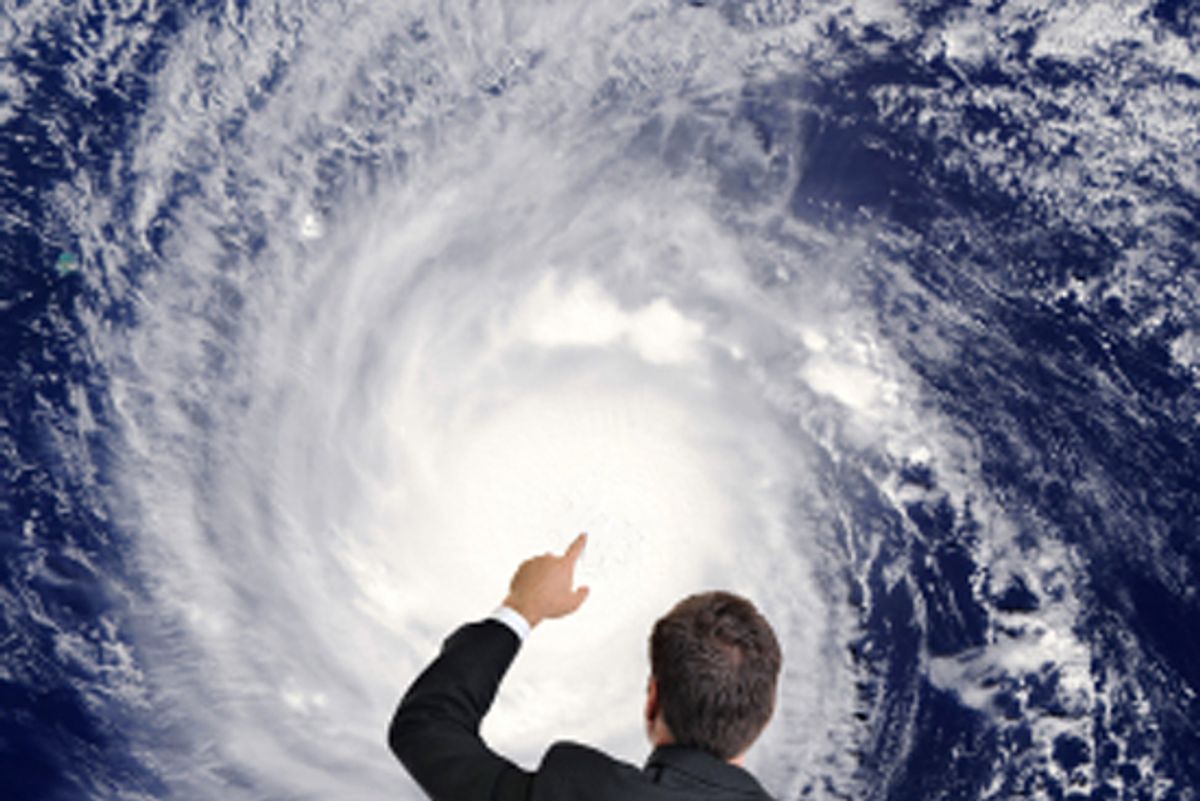 Meteorologist puts his finger on the eye of a Hurricane. Earth Image: visibleearth.nasa.gov (Eric Hood)