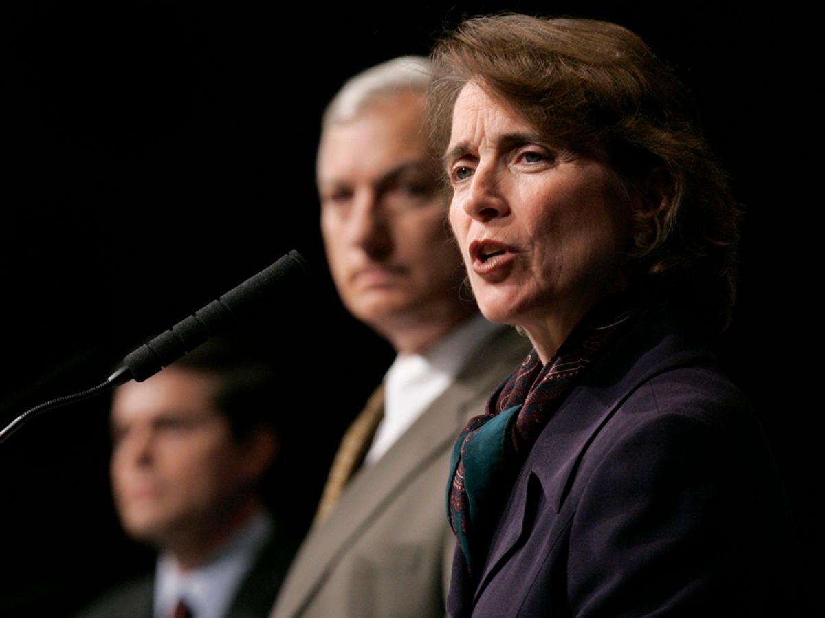 U.S. Sen. Blanche Lincoln, D-Ark., right, joins fellow Democrats Arkansas Lt. Gov. Bill Halter, left, and businessman D.c. Morrison as they participate in a debate in Little Rock, Ark., Friday, May 14, 2010, in the race for U.S. Senate. (AP Photo/Danny Johnston) (Danny Johnston)