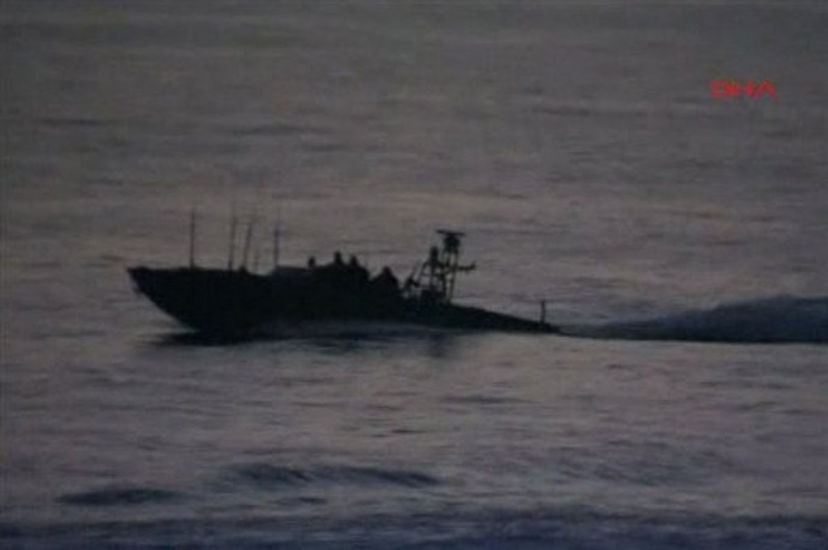 This video image released by the Turkish Aid group IHH Monday May 31, 2010 purports to show Israeli military vessel at sea in international waters off the Gaza coast near a ship convey carrying aid to Gaza. Israeli commandos on Monday stormed six ships carrying hundreds of pro-Palestinian activists on an aid mission to the blockaded Gaza Strip, killing at least 10 people and wounding dozens after encountering unexpected resistance as the forces boarded the vessels.   AP Photo/IHH via APTN) ** TURKEY OUT ** (AP)