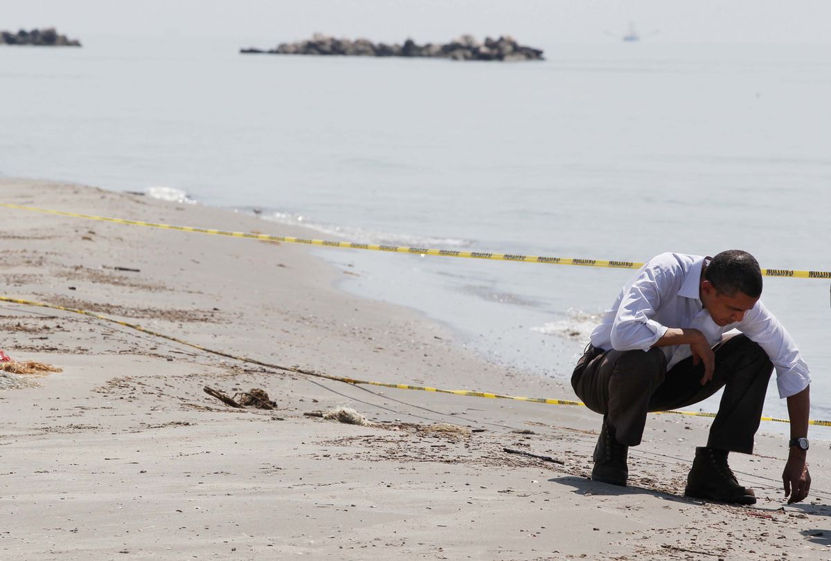 U.S. President Barack Obama surveys damage along the Louisiana coastline at Fourchon Beach caused after a BP oil line ruptured in the Gulf of Mexico, May 28, 2010.     REUTERS/Larry Downing  (UNITED STATES - Tags: POLITICS DISASTER ENVIRONMENT)   (Â© Larry Downing / Reuters)