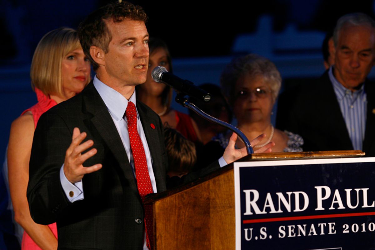 Rand Paul gives his victory speech after winning the Senate Republican primary election in Kentucky on May 19.
