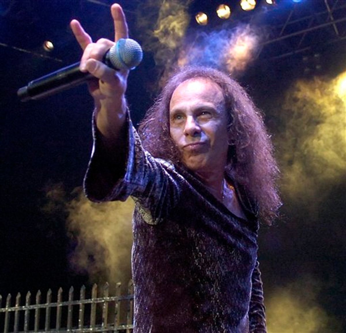 FILE - In this July 7, 2007 file photo, Ronnie James Dio performs with British heavy metal group "Heaven and Hell" during the 41th Montreux Jazz Festival in Montreux, Switzerland. Dio, the metal god who replaced Ozzy Osbourne in Black Sabbath and later piloted the bands Heaven &amp; Hell and Dio, died Sunday, May 16, 2010, according to his wife and manager. He was 67. (AP Photo/Keystone, Sandro Campardo, File) (AP)