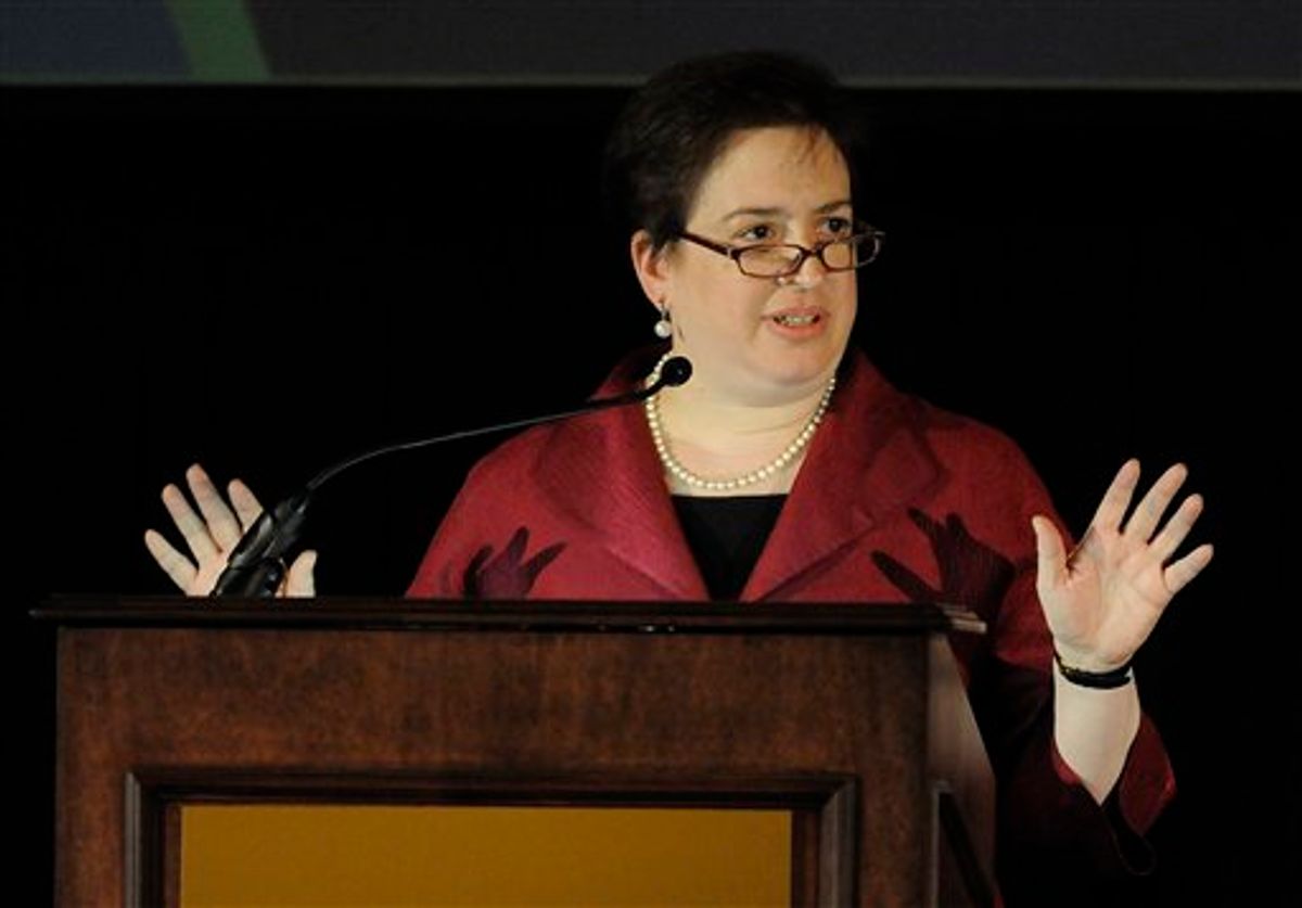 Solicitor General Elena Kagan speaks during the annual meeting of the 7th Circuit Bar Association & Judicial Conference of the 7th Circuit Monday, May 3, 2010 in Chicago. Kagan is under consideration to replace retiring U.S. Supreme Court Justice John Paul Stevens. (AP Photo/David Banks)   (AP)