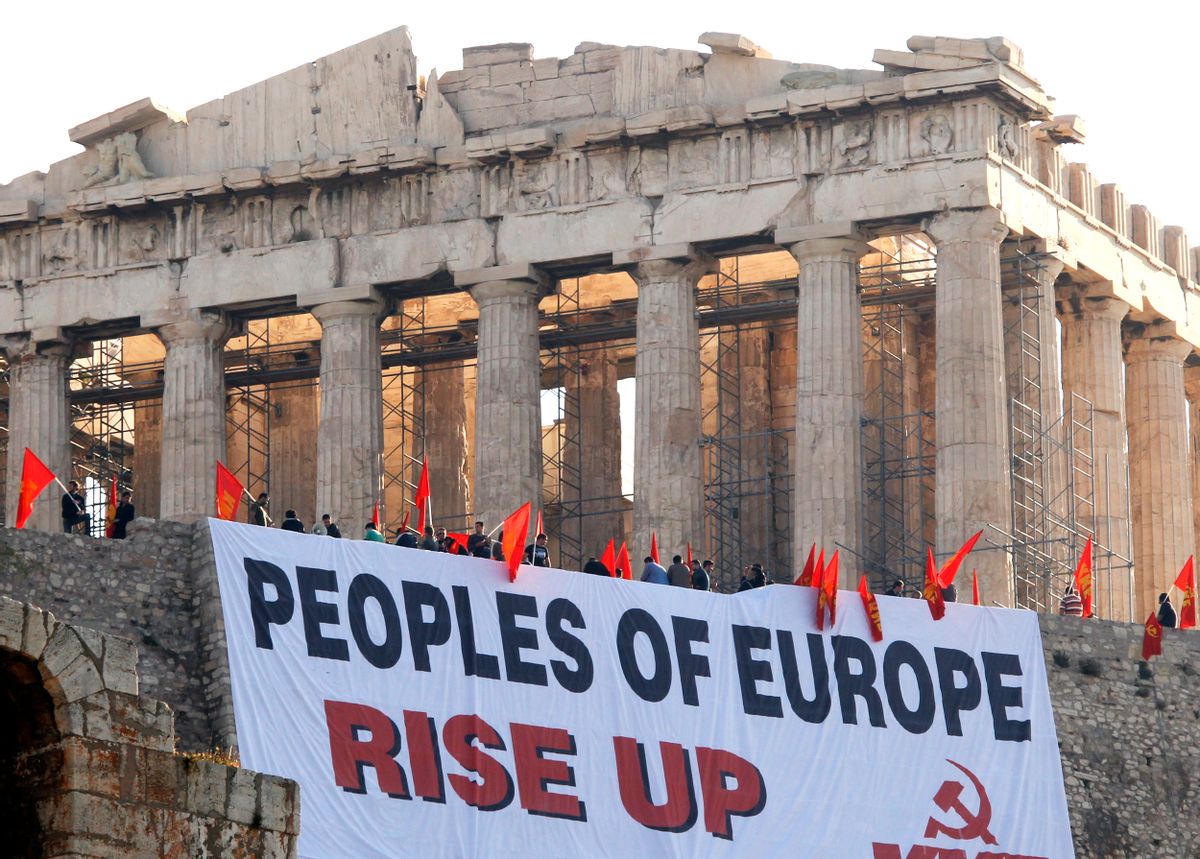 A giant banner protesting Greece's austerity measures hangs near the Parthenon on Acropolis hill in Athens early May 4, 2010. A group of demonstrators from Greece's communist party, KKE, staged the protest atop the Acropolis as Athens braced for a 48-hour nationwide strike by civil servants which would also include the shutdown of travel services.    REUTERS/Pascal Rossignol  (GREECE - Tags: EMPLOYMENT BUSINESS POLITICS CIVIL UNREST)        (Reuters)