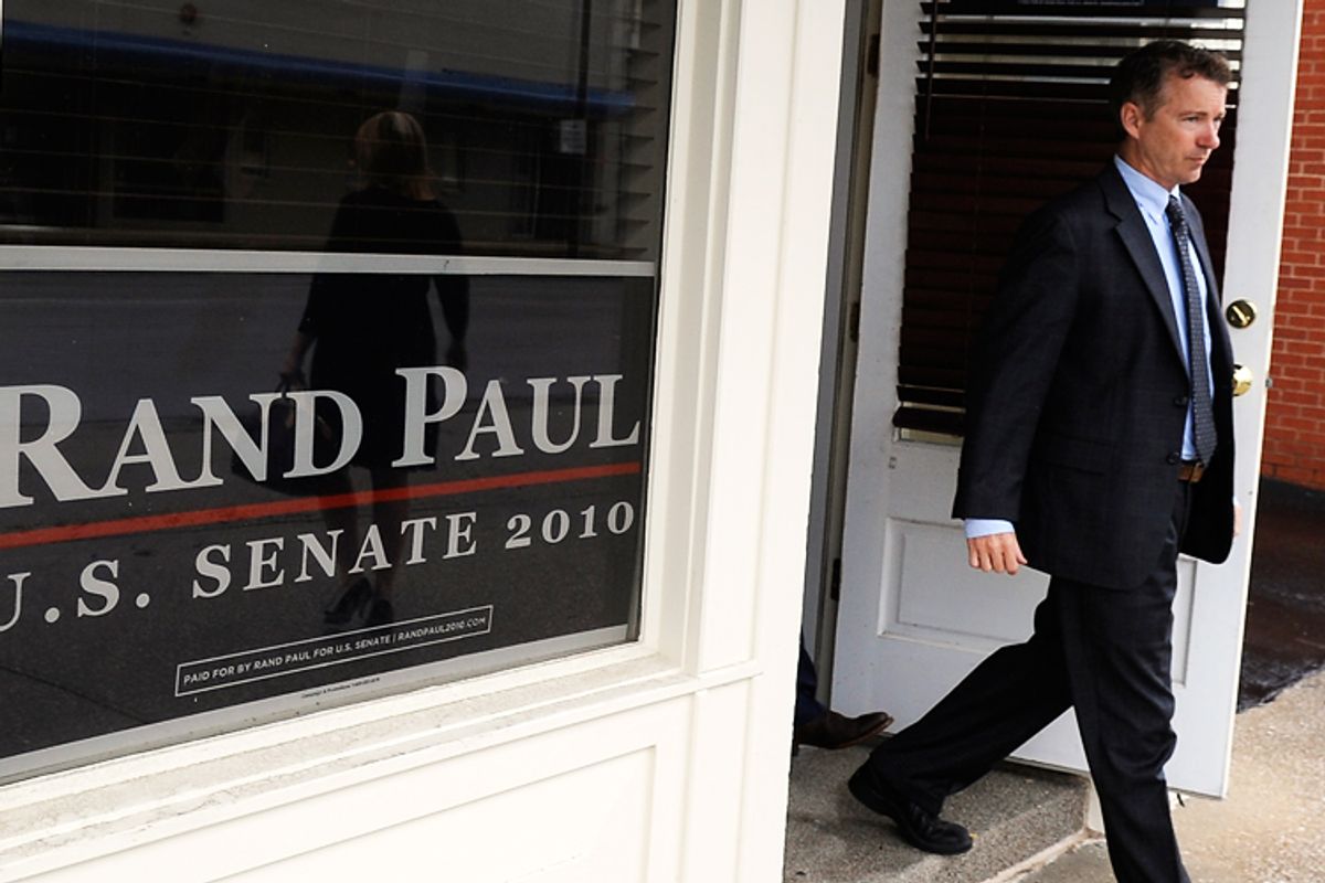 Republican U.S. Senate candidate Rand Paul leaves his campaign office after attending services at The Presbyterian Church in Bowling Green, Ky. on Sunday, May 16.