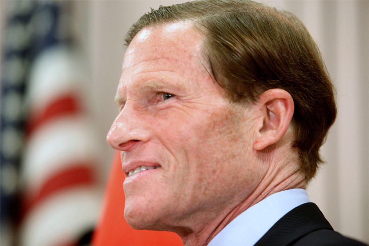 Connecticut's State Attorney General and U.S. Senate candidate Richard Blumenthal speaks to reporters at a Veterans of Foreign Wars post in West Hartford on May 18.