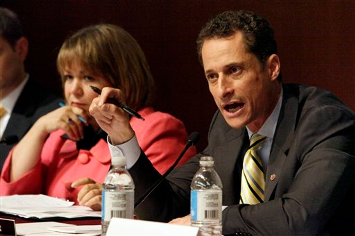 U.S. Rep. Linda Sanchez, D-CA, chairman of House Judiciary Committee forum on key issues related to the injuries in football, and U.S. Rep. Anthony Weiner, D-NY, pose questions to participants during the forum, in New York,  Monday, May 24, 2010. (AP Photo/Richard Drew)  (AP)