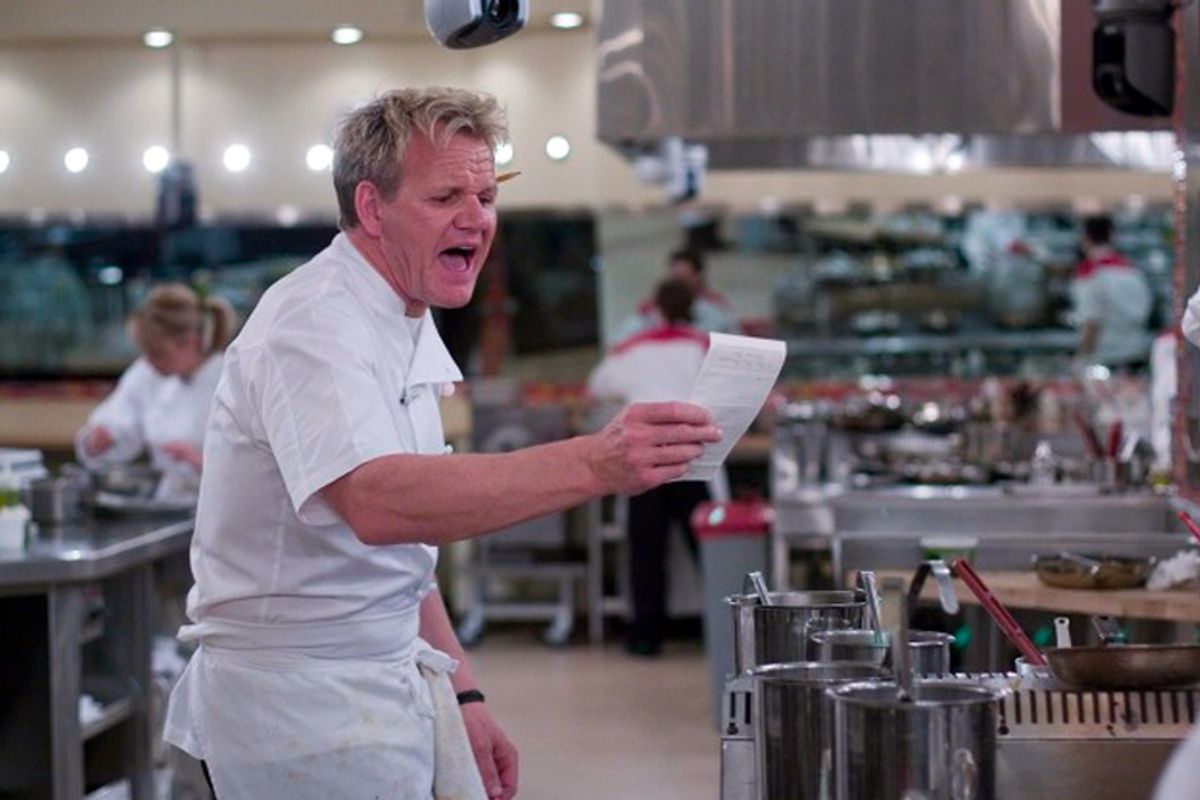 Chef Gordon Ramsay calls out the orders during the first dinner service on Tuesday night's "Hell's Kitchen." 