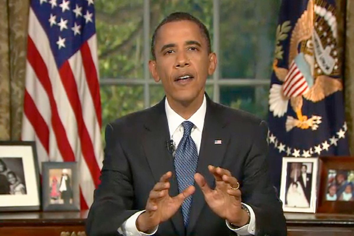 President Obama addresses the nation from the Oval Office on June 15.