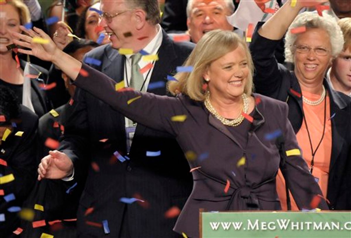 Republican gubernatorial candidate Meg Whitman celebrates after winning the Republican nomination for California governor during an election night gathering in Los Angeles, Tuesday, June 8, 2010. (AP Photo/Adam Lau) (AP)