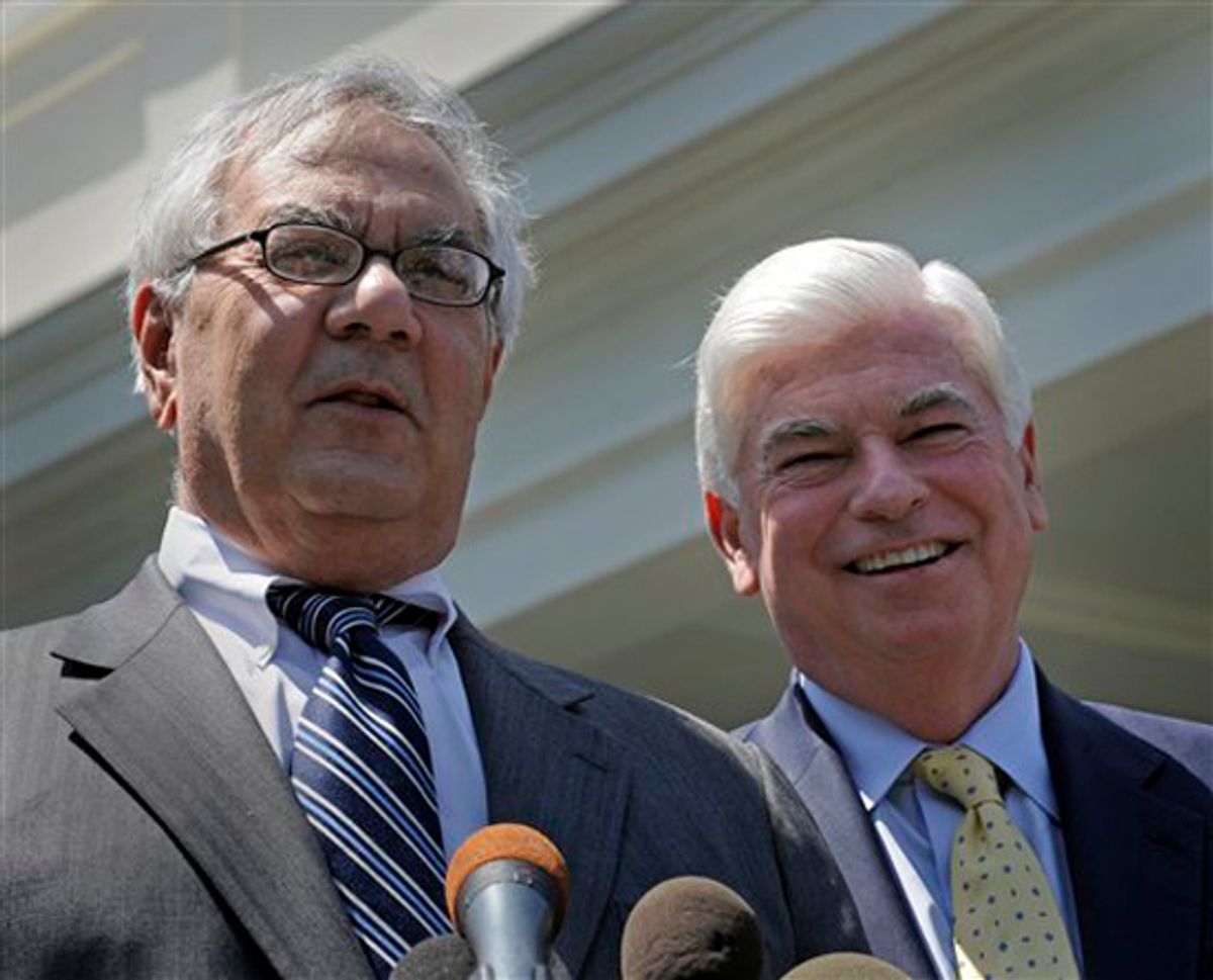 FILE -In this May 21, 2010 file photo, Senate Banking Committee Chairman Sen. Christopher Dodd, D-Conn., right, and House Financial Services Committee Chairman Rep. Barney Frank, D-Mass., speak to reporters outside the White House in Washington. Lawmakers will tackle sticking points and try to blend House and Senate bills into a single rewrite of banking regulations. A final measure, which President Barack Obama wants by July 4, is intended to prevent another financial crisis like the 2008 meltdown, which triggered a deep recession.  (AP Photo/Susan Walsh, File)     (Susan Walsh)