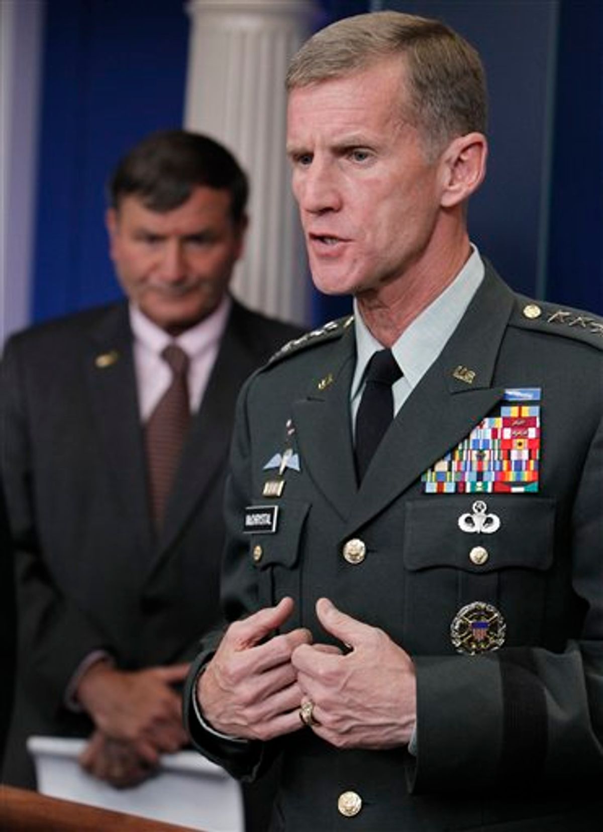 ** FILE ** In this May 10, 2010 file photo, Commander of U.S. and NATO forces in Afghanistan Gen. Stanley McChrystal, and U.S. Ambassador to Afghanistan Karl W. Eikenberry brief reporters ahead of Afghan President Hamid Karzai's visit at the White House.  An article out this week in "Rolling Stone" magazine depicts Gen. Stanley McChrystal as a lone wolf on the outs with many important figures in the Obama administration and unable to convince even some of his own soldiers that his strategy can win the war.   (AP Photo/Charles Dharapak) (AP)