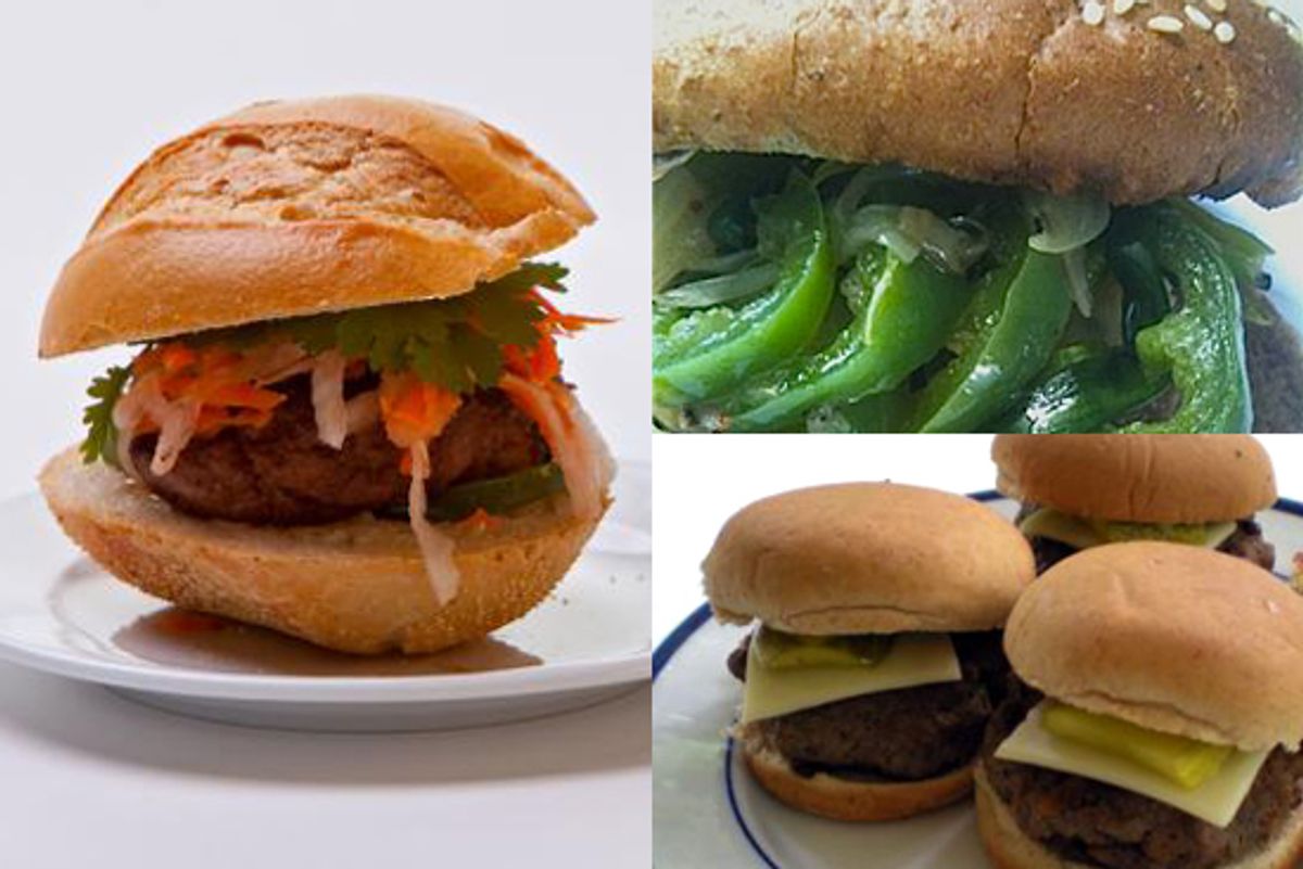 L-R: Beef banh mi sliders by Felicia Lee, Silk Road lamb burgers by Linda Shiue and Buffalo sliders by Lucy Mercer