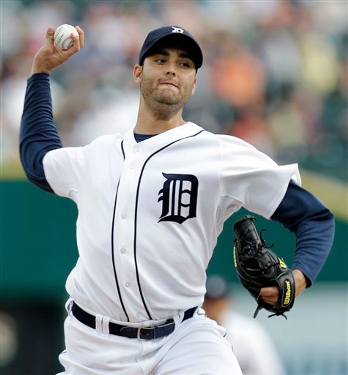 Detroit Tigers pitcher Armando Galarraga throws against the Cleveland Indians in the first inning of a baseball game in Detroit Wednesday, June 2, 2010. (AP Photo/Paul Sancya) (AP)