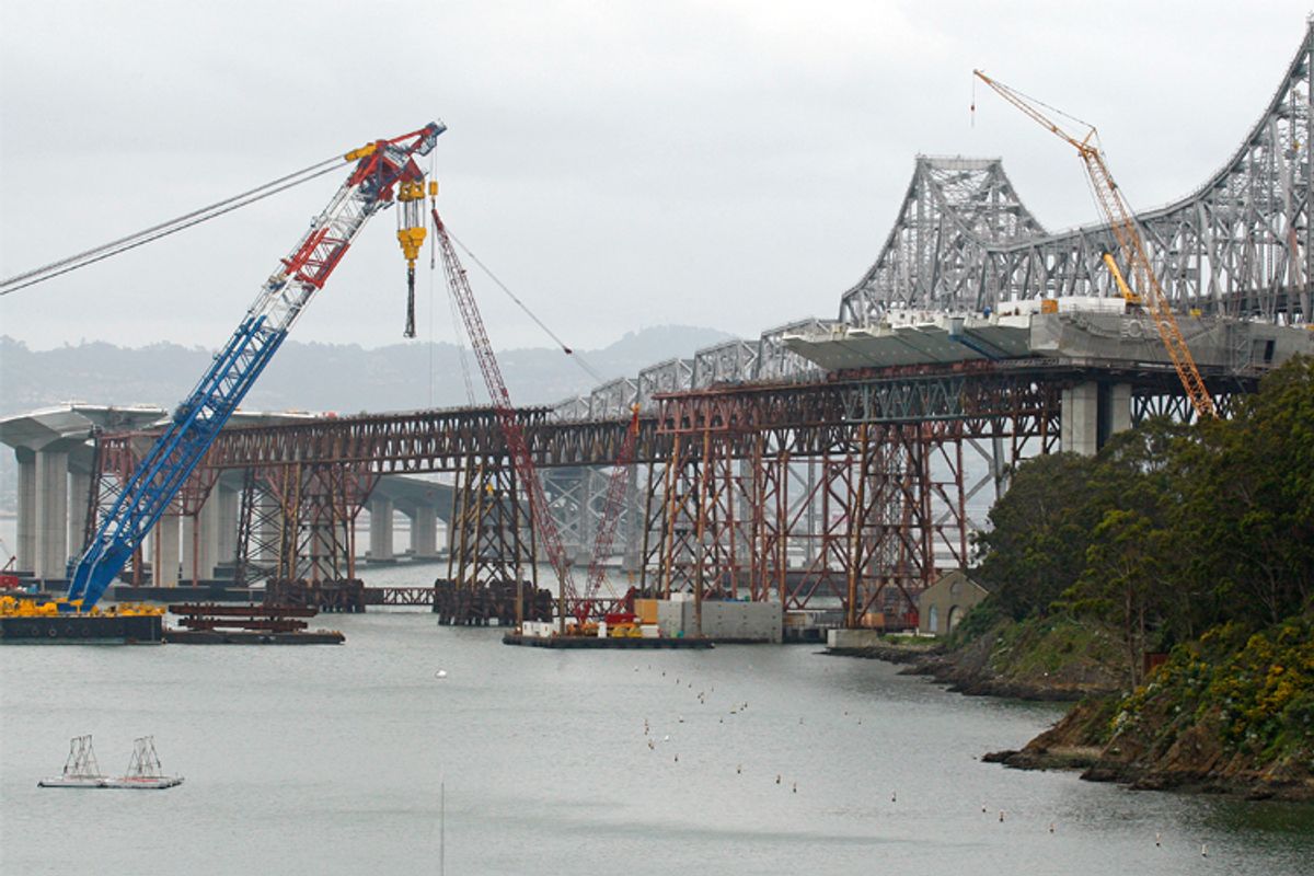 Construction work on the new eastern span of the Oakland-San Francisco Bay Bridge in April. 