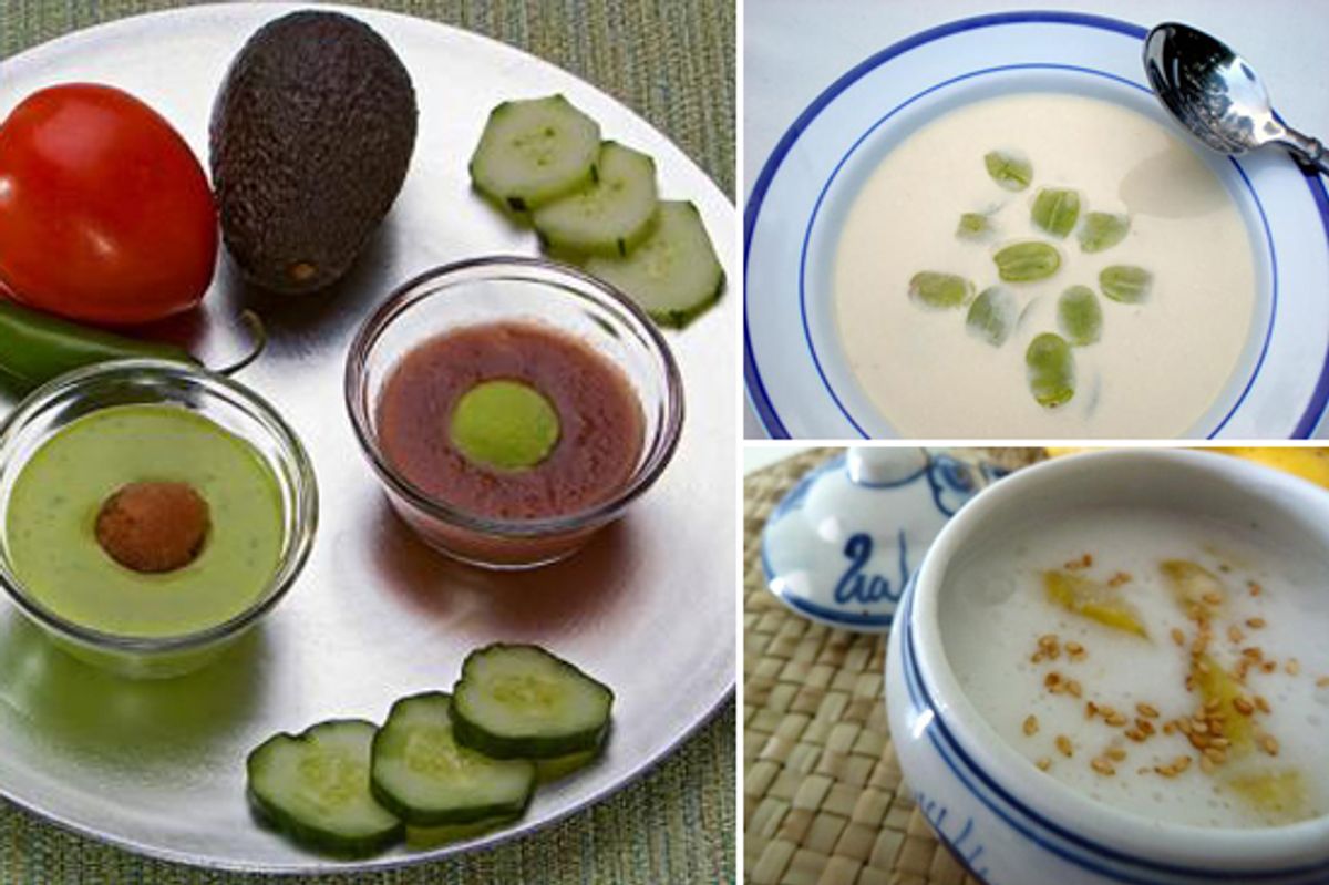 Duo of Chile-Avocado and Mint-Tomato Soups, Chilled Almond Soup with Grapes (Gazpacho's Velvety Cousin), Banana Coconut Tapioca Dessert Soup