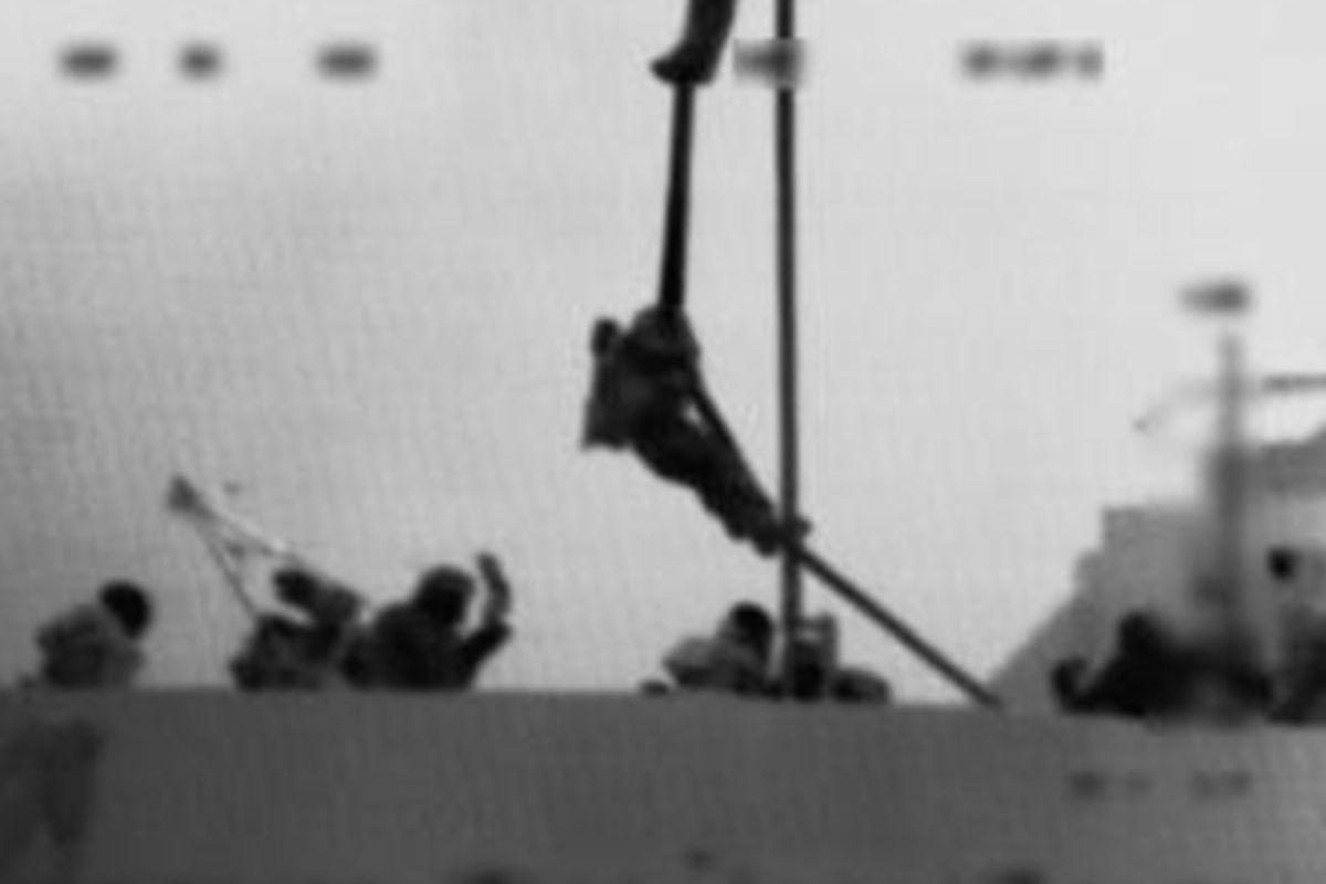 An Israeli marine is dropped from a helicopter onto the Gaza-bound ship Mavi Marmara in this frame grab from video released May 31, 2010.