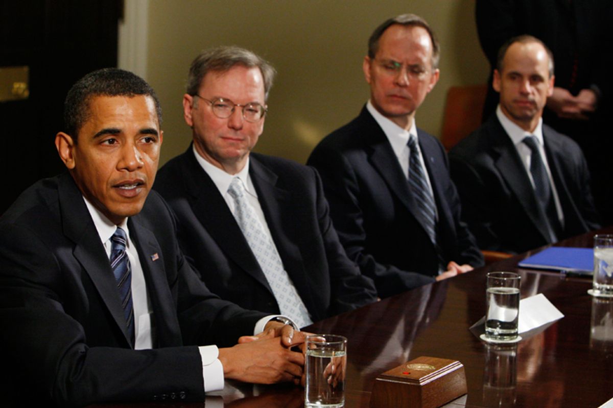 President Obama meets with business leaders to discuss the economy in 2009. From left: the President, Google Chairman and CEO Eric Schmidt, JetBlue CEO David Barger and Micron Technology CEO Steve Appleton. 