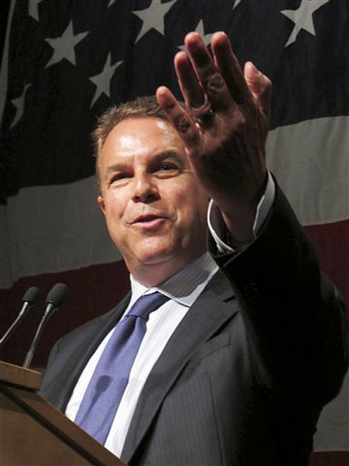FILE-In this July 17, 2010 file photo, billionaire Jeff Greene, who is challenging Rep. Kendrick Meek for the Democratic Senate nomination, speaks at the Florida Democratic Party's Jefferson-Jackson Dinner  in Hollywood, Fla.  The level of political discourse in the Democratic Senate primary boils down to: Your celebrity friends are low lives. The reply: So's your mom. Four-term Rep. Kendrick Meek and real estate billionaire Jeff Greene have been relentless in criticizing each other, and the vitriol is unlikely to end with Tuesday's primary.(AP Photo/Brendan Farrington, File) (Brendan Farrington)